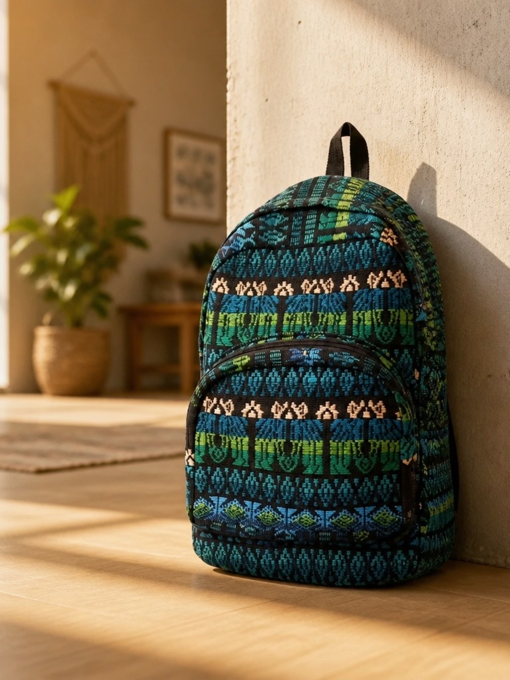 Woven Patterned Men's Backpack in Teal and Green